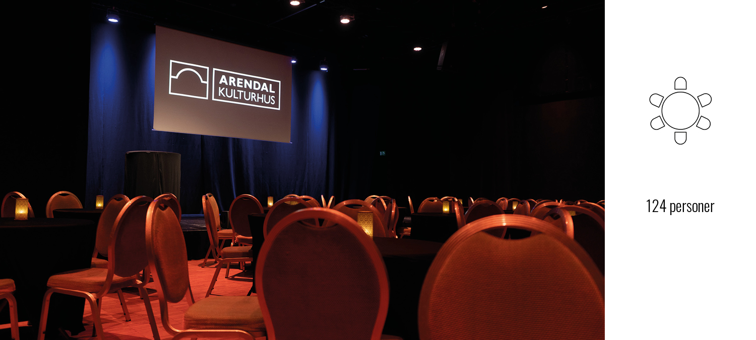 Bildet viser Lille Torungen i Arendal Kulturhus med caféoppsett (124 pax)